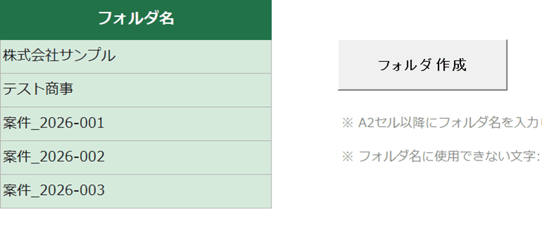 入力シート。A列にフォルダ名が5件入力され、右側にフォルダ作成ボタンがある